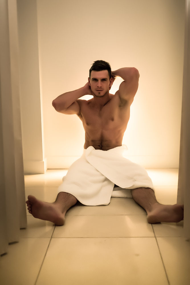Sexy male model Paddy O'Brian in a towel